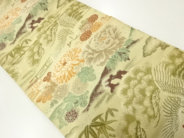 JAPANESE KIMONO / ANTIQUE MARU OBI / WOVEN CRANE & PINE WITH PEONY